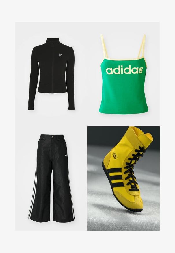 Chaqueta negra con cremallera y mangas largas, hecha de material texturizado, que presenta un pequeño logo azul de Adidas en el lado izquierdo del pecho.; Top verde con detalles amarillos, hecho de material elástico. Presenta un gran logo de "adidas" amarillo en el frente y tirantes delgados.; Pantalones de denim anchos y negros con tres franjas blancas en cada lado y un pequeño logo blanco. Cuenta con bolsillos frontales y un cierre de botón.; Zapatillas altas hechas de material sintético amarillo, con cordones negros, tres rayas negras y logotipo en el lateral. Suela de goma texturizada.