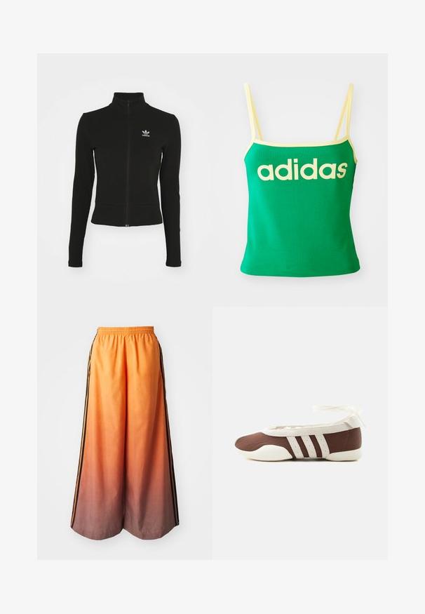 Doudoune noire zippée avec manches longues, fabriquée en matériau texturé, affichant un petit logo Adidas bleu sur la poitrine gauche.; Débardeur vert avec des accents jaunes, fabriqué dans un matériau extensible. Présente un grand logo "adidas" jaune sur le devant et des bretelles fines.; Pantalons larges dégradés orange avec une bande latérale noire, dotés d'une taille élastique et d'un matériau léger.; Chaussure plate de ballet marron et blanche avec trois bandes blanches et un nœud à nouer à la cheville sur un fond clair uni.