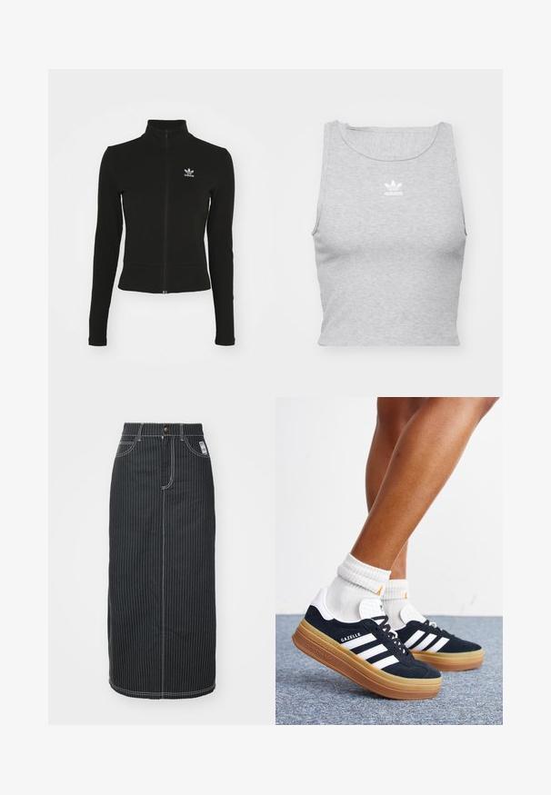 Čierna zipsová bunda s dlhými rukávmi, vyrobená z textúrovaného materiálu, s malým modrým logom Adidas na ľavej hrudi.; Šedý, bezrukávový crop top vyrobený z jemnej látky, s okrúhlym výstrihom a malým bielym logom Adidas na hrudi.; Čierna denim midi sukňa s bielymi vertikálnymi pruhmi. Obsahuje pás na gombík, dve predné vrecká a kontrastné šitie. Priamy strih.; Nohy v bielych ponožkách a čiernych teniskách Adidas Gazelle s bielymi pruhmi a hrubými hnedými podrážkami na sivom koberci.