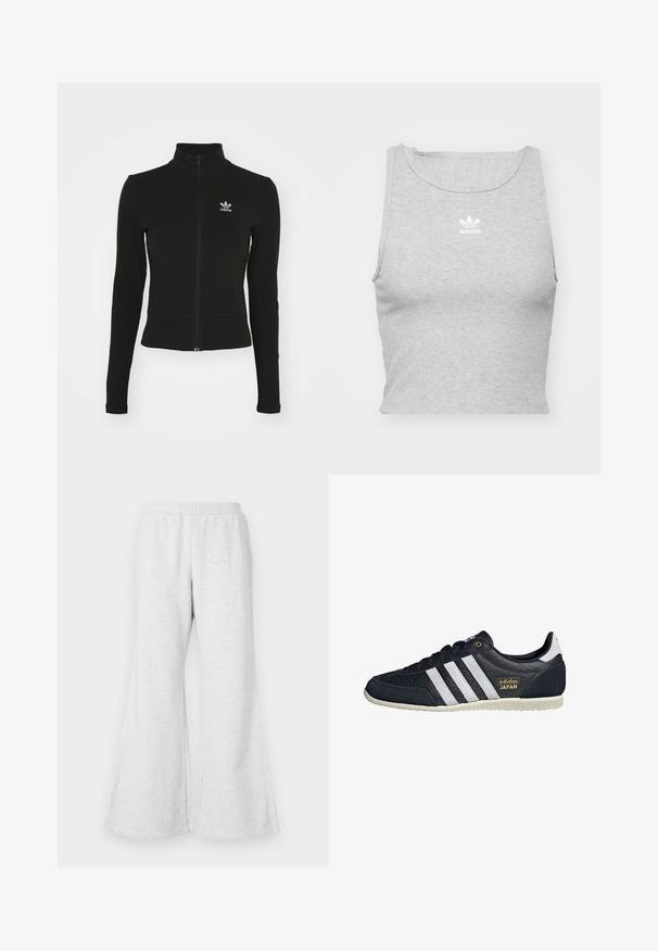 Čierna zipsová bunda s dlhými rukávmi, vyrobená z textúrovaného materiálu, s malým modrým logom Adidas na ľavej hrudi.; Šedý, bezrukávový crop top vyrobený z jemnej látky, s okrúhlym výstrihom a malým bielym logom Adidas na hrudi.; Svetlé šedé rozšírené teplákové nohavice s elastickým pásom, vyrobené z jemnej, štruktúrovanej tkaniny. Majú voľný strih a široké otvory na nohavice.; Čierne kožené tenisky so spätnými tromi bielymi pruhmi, so štruktúrovaným povrchom, zlatým logom "adidas JAPAN" a gumovou podrážkou s protišmykovým vzorom.