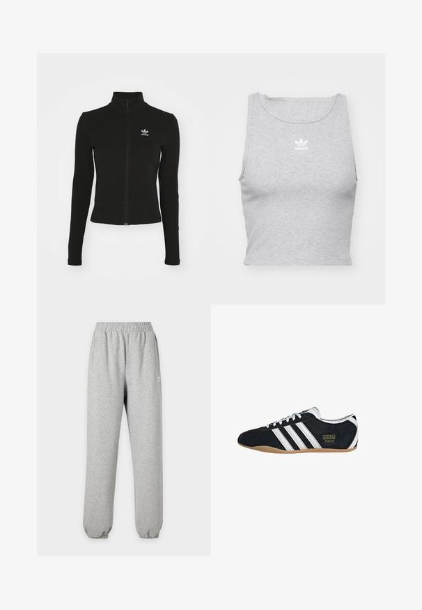 Doudoune noire zippée avec manches longues, fabriquée en matériau texturé, affichant un petit logo Adidas bleu sur la poitrine gauche.; Top court sans manches gris en tissu doux, avec un col rond et un petit logo Adidas blanc sur la poitrine.; Pantalon de survêtement gris clair avec taille et poignets élastiques, poches latérales et petit logo blanc sur la partie supérieure de la cuisse.; Sneakers en suede noir avec trois bandes blanches, logo doré et semelle en caoutchouc marron. Présente un design à lacets à profil bas.