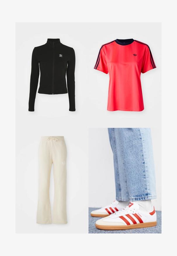 Sort zip-up jakke med lange ærmer, lavet af tekstureret materiale, med et lille blåt Adidas-logo på venstre bryst.; Rød sports t-shirt med korte ærmer, der har lodrette striber, en marineblå rund hals og et lille sort logo på forsiden.; Cremefarvede sweatpants med en blød tekstur, featuring en snoretræk i taljen og flair ben. Diskret logo detalje på venstre hofte.; Hvide lædersneakers med røde striber og accenter. Har en tekstureret gummisål og polstret krave. Bæres med lyseblå denim.