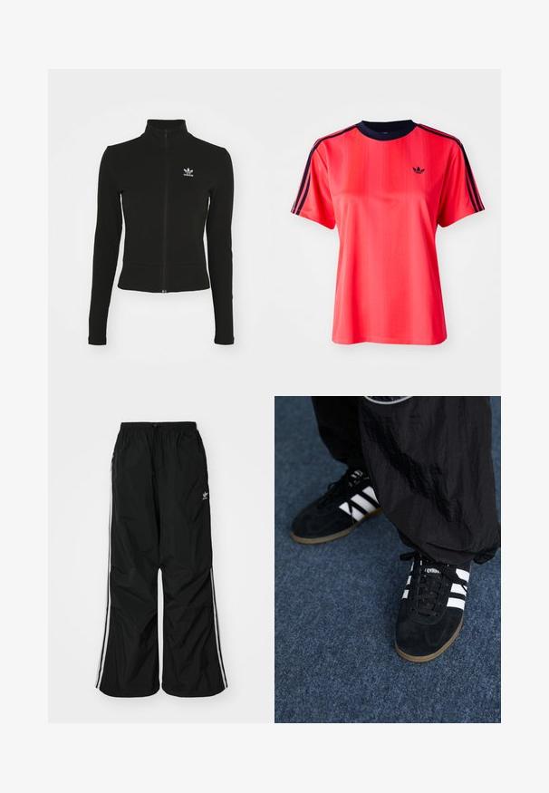 Čierna zipsová bunda s dlhými rukávmi, vyrobená z textúrovaného materiálu, s malým modrým logom Adidas na ľavej hrudi.; Červené športové tričko s krátkymi rukávmi, s vertikálnymi pruhmi, námorníckym okrúhlym výstrihom a malým čiernym logom na prednej strane.; Čierne vetrovky nohavice s elastickým pásom, šnúrkou na stiahnutie, bielymi bočnými pruhmi, voľným strihom, s malým logom na ľavej strane.; Čierne roháčiky z semišu so tromi bielymi pruhmi a čiernymi šnúrkami. Texturované čierne nohavice sú čiastočne viditeľné vedľa topánok.