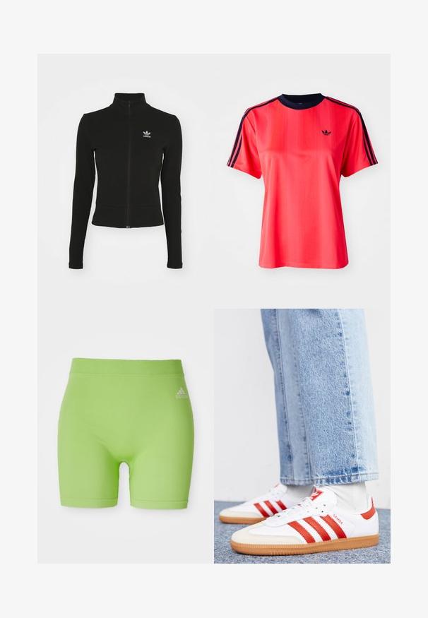 Čierna zipsová bunda s dlhými rukávmi, vyrobená z textúrovaného materiálu, s malým modrým logom Adidas na ľavej hrudi.; Červené športové tričko s krátkymi rukávmi, s vertikálnymi pruhmi, námorníckym okrúhlym výstrihom a malým čiernym logom na prednej strane.; Zelené atletické šortky vyrobené z elastického materiálu, s stredne vysokým pásom a logom Adidas na pravej prednej strane.; Biele kožené tenisky s červenými pruhmi a akcentmi. Majú štruktúrovanú gumovú podrážku a polstrovaný golier. Nosené s svetlomodrými džínsami.