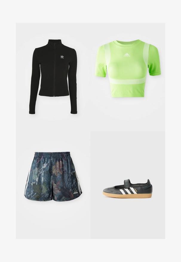 Čierna zipsová bunda s dlhými rukávmi, vyrobená z textúrovaného materiálu, s malým modrým logom Adidas na ľavej hrudi.; Zkrátené atletické tričko v jasne zelenej farbe. Má krátke rukávy, okrúhly výstrih a biely diagonálny pruhový vzor na pleciach. Logo adidas na prednej strane.; Pánske šortky s viacfarebným vzorom listov na tmavom pozadí, s elastickým pásom a bočnými pruhmi v bielej farbe.; Čierne kožené a zamšové tenisky s Velcro pásikom, s tromi bielymi pruhmi a gumenou podrážkou, označené nápisom "SAMBA" na boku.