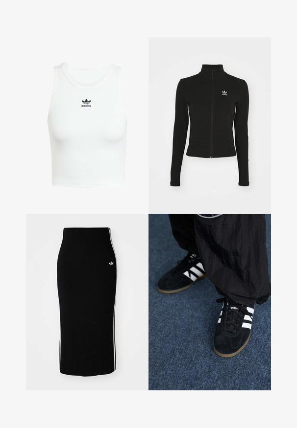 Chaqueta negra con cremallera y mangas largas, hecha de material texturizado, que presenta un pequeño logo azul de Adidas en el lado izquierdo del pecho.; Camiseta sin mangas de algodón blanca con una textura de canalé ajustada, escote redondo y logo de Adidas bordado en negro en la parte frontal.; Falda midi negra con diseño ajustado, que presenta franjas laterales blancas y un pequeño emblema blanco en el lado izquierdo.; Zapatillas deportivas de ante negro con tres rayas blancas y cordones negros. Un pantalón negro texturizado es parcialmente visible al lado de las zapatillas.