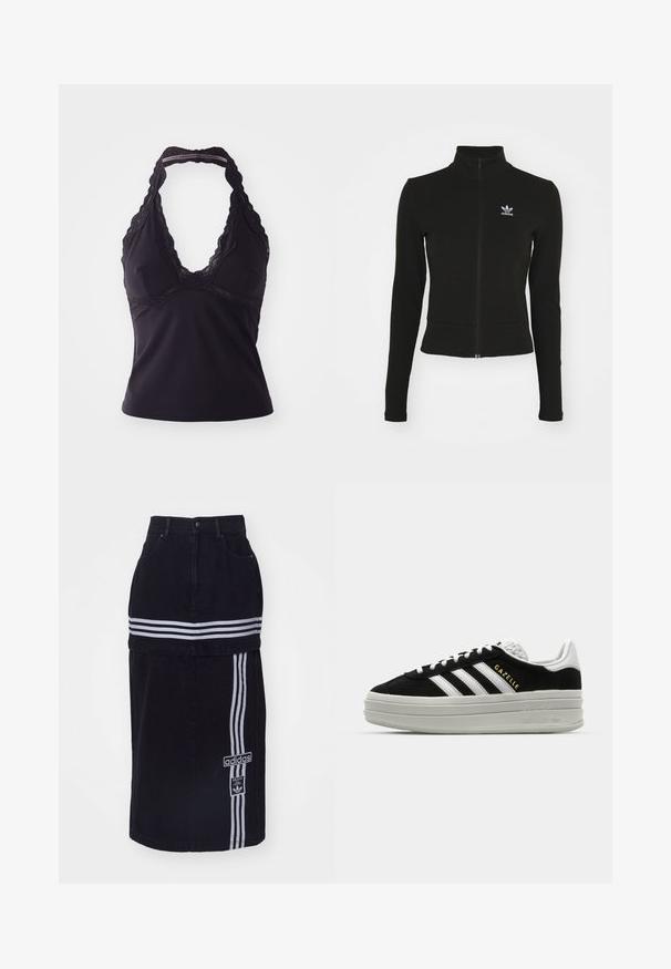 Chaqueta negra con cremallera y mangas largas, hecha de material texturizado, que presenta un pequeño logo azul de Adidas en el lado izquierdo del pecho.; Top halter negro hecho de una tela suave y elástica. Presenta un escote en V profundo y un borde de encaje a lo largo del escote y la espalda.; Falda de mezclilla negra con cintura alta, que presenta dos rayas horizontales blancas, una etiqueta con el logo de Adidas en el lateral y un diseño de corte recto.; Zapatillas negras de ante con detalles en cuero blanco, tres rayas blancas, cordones planos y una gruesa suela de plataforma gris. Marca "Gazelle" en dorado.