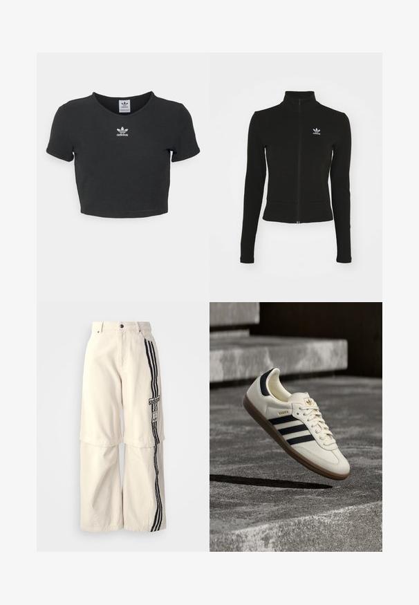 Čierna zipsová bunda s dlhými rukávmi, vyrobená z textúrovaného materiálu, s malým modrým logom Adidas na ľavej hrudi.; Čierne skrátené tričko vyrobené z bavlny, s okrúhlym výstrihom a krátkymi rukávmi. V strede sa nachádza biele vyšívané logo Adidas.; Bežové nohavice s širokými nohavicami vyrobené z bavlny, s čiernym trojpruhovým dizajnom po boku a nášivkou loga Adidas na stehne.; Biela teniska Adidas Samba s čiernymi pruhmi a gumovou podrážkou, vznášajúca sa nad textúrovanými sivými betónovými schodmi.