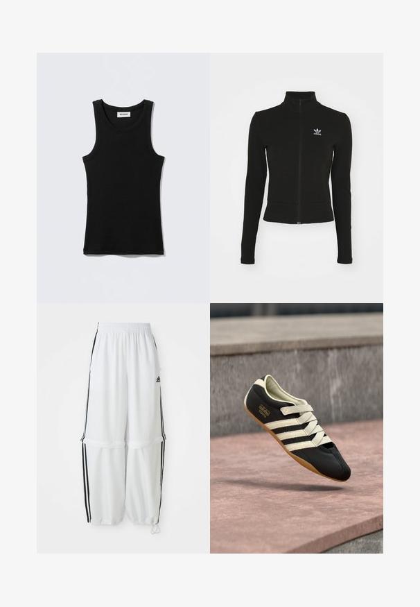Doudoune noire zippée avec manches longues, fabriquée en matériau texturé, affichant un petit logo Adidas bleu sur la poitrine gauche.; Débardeur noir en coton, avec un col rond et des bretelles étroites. Design simple, sans motifs ni accents visibles.; Pantalons de sport blancs avec une coupe décontractée, une taille élastique et des rayures noires sur les côtés. Équipés de poches avec fermeture éclair et de poignets élastiques aux chevilles.; Chaussure de sport noire avec des rayures et des lacets crème, présentant un profil bas, une texture lisse et une semelle en caoutchouc pour une bonne adhérence. Étiquette de la marque visible.