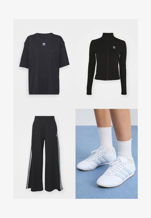 Doudoune noire zippée avec manches longues, fabriquée en matériau texturé, affichant un petit logo Adidas bleu sur la poitrine gauche.; T-shirt en coton noir à manches courtes, col rond, avec un logo Adidas blanc sur la poitrine. Design simple, coupe décontractée.; Pantalon large noir avec taille élastique, comportant trois bandes blanches le long des côtés extérieurs et un petit logo à l'avant.; Baskets en cuir blanc avec des rayures bleu clair, bout texturé, et chaussettes blanches mi-mollet. Présentées sur une surface de tapis bleu.
