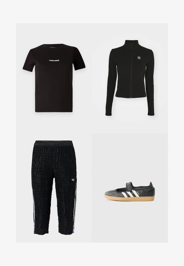 Čierna zipsová bunda s dlhými rukávmi, vyrobená z textúrovaného materiálu, s malým modrým logom Adidas na ľavej hrudi.; Čierne bavlnené tričko s okrúhlym výstrihom a krátkymi rukávmi, na prednej strane je biele písmo s nápisom "PEGADOR". Hladká textura.; Čierne teplákové nohavice Adidas s textúrou, elastickým pásom, bielymi bočnými pruhmi a malým bielym logom Adidas na stehne, so skrátenou dĺžkou.; Čierne kožené a zamšové tenisky s Velcro pásikom, s tromi bielymi pruhmi a gumenou podrážkou, označené nápisom "SAMBA" na boku.