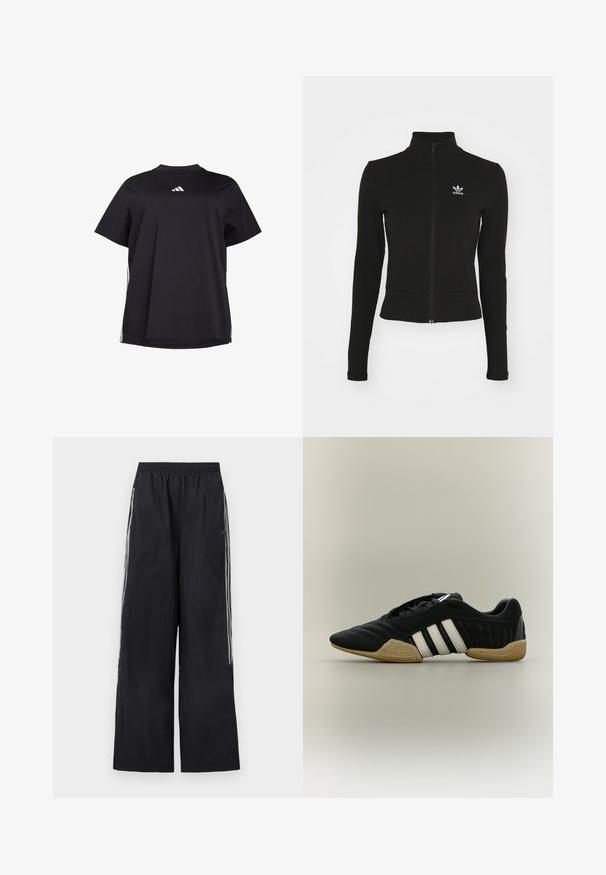 Čierna zipsová bunda s dlhými rukávmi, vyrobená z textúrovaného materiálu, s malým modrým logom Adidas na ľavej hrudi.; Čierne tričko s krátkym rukávom vyrobené z jemnej látky, s bielym horizontálnym akcentom na bokoch a bielym logom na prsiach.; Čierne široké teplákové nohavice s elastickým pásom a tromi bielymi pruhmi na boku každej nohavice.; Čierna športová obuv s bielymi pruhmi a béžovou textúrovanou podrážkou na neutrálom pozadí, zobrazená zo strany.