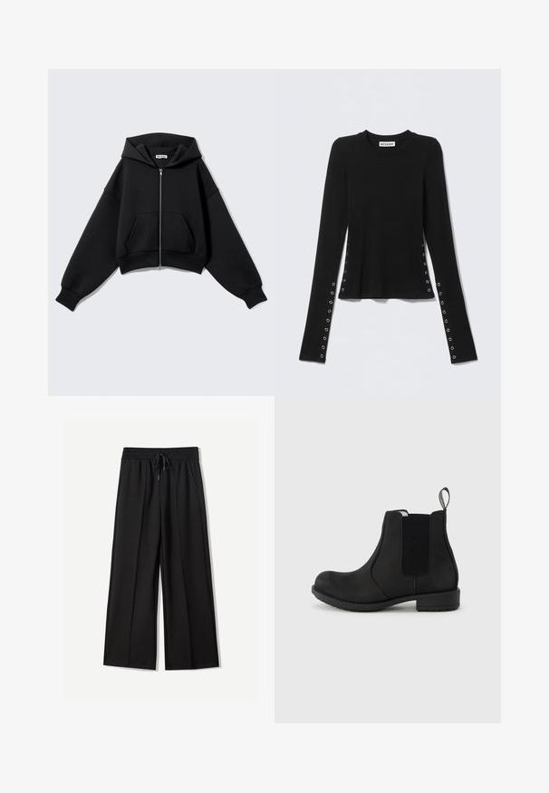 Zwarte cropped hoodie van zachte stof, met een rits aan de voorkant, grote zakken, een capuchon en oversized mouwen voor een ontspannen pasvorm.; Zwart nauwsluitend shirt met lange mouwen, zilverkleurige oogjes langs de mouwen en zijkanten, ronde halslijn, en Weekday-merklabel binnenin de kraag.; Zwarte wijde broek van zachte stof. Voorzien van een elastische tailleband met een trekkoord en twee zijzakken. Platte voorkant met plooien.; Zwarte Chelsea-laarzen met een glad leren buitenkant, elastische zijpanelen, een gestructureerde zool en een lusje aan de hiel voor gemakkelijk aantrekken.