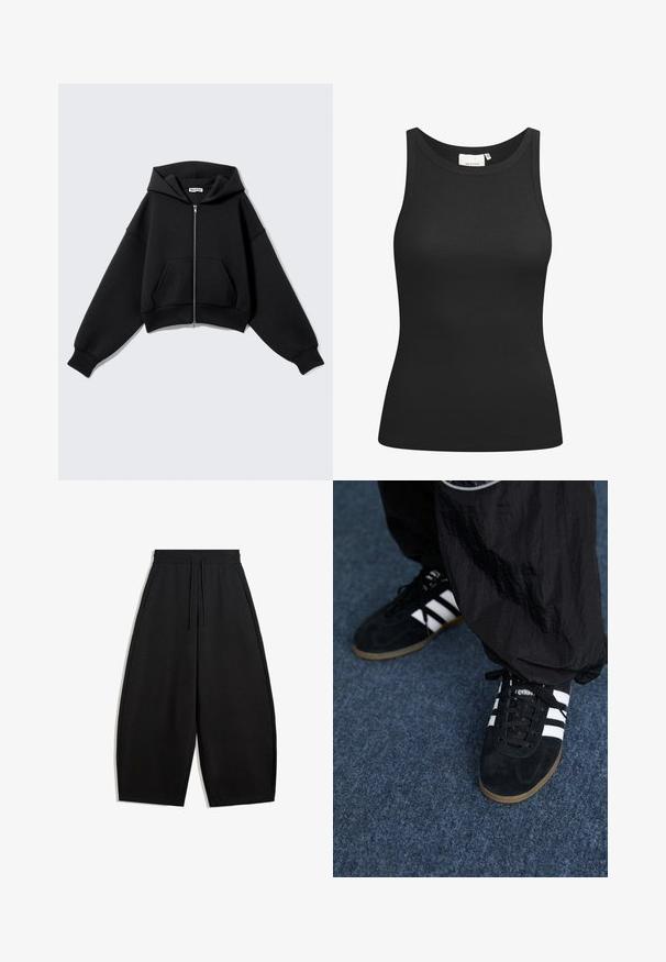 Sort cropped hættetrøje lavet af blødt stof, med forlynlås, store lommer, hætte og oversize ærmer for en afslappet pasform.; Sort tanktop lavet af ribbet materiale, med en scooped halsudskæring og en tætsiddende form. Flade sømme og ingen udsmykninger. Enkel og strømlinet design.; Løse sorte brede bukser med elastisk talje og snor, med sidelommer, præsenteret på en hvid baggrund.; Sorte suedetrainingssko med tre hvide striber og sorte snørebånd. Et tekstureret sort bukser er delvist synligt ved siden af skoene.