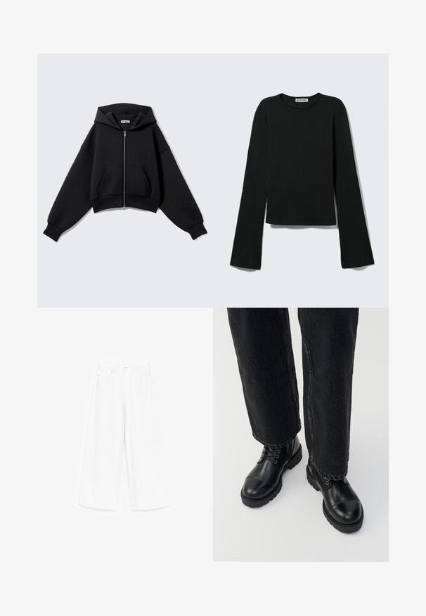 Sweat à capuche noir court en tissu doux, doté d'une fermeture éclair frontale, de grandes poches, d'une capuche et de manches oversize pour une coupe décontractée.; T-shirt noir à manches longues avec col rond, silhouette ajustée et manches légèrement évasées, étiqueté avec la marque "Weekday" au niveau de l'encolure.; Pantalon en denim blanc à jambes larges avec fermeture à bouton et zip devant, passants pour ceinture et design cinq poches.; Bottines en cuir noir avec bout rond, lacets et semelle épaisse et robuste. Associées à un jeans foncé avec un détail d'ourlet brut.