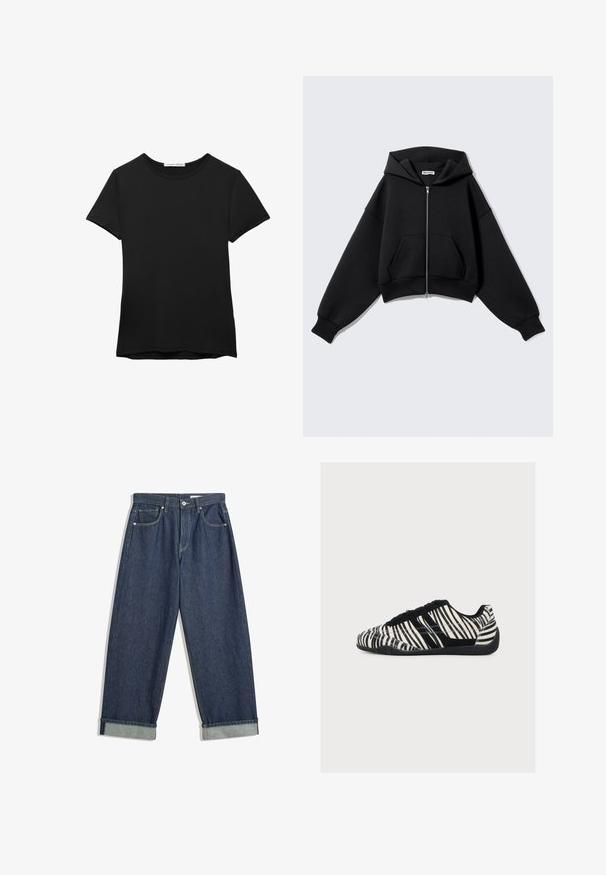 Sort cropped hættetrøje lavet af blødt stof, med forlynlås, store lommer, hætte og oversize ærmer for en afslappet pasform.; Sort kortærmet t-shirt lavet af glat stof. Har en rund halsudskæring og en afslappet pasform med en lige kant.; Mørkeblå, vide denimbukser med foldede manchetter, frontknap og lynlås, bæltestropper og fem lommer.; Lavprofil sneakers med sorte og hvide zebrastriber, sorte snørebånd og tekstureret sort sål, vist fra siden på en hvid baggrund.