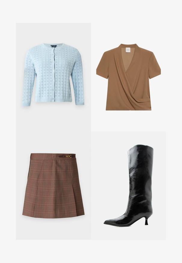 Lyseblå strikket cardigan med lange ærmer, rund halsudskæring, knaplukning foran og lille blomstermønster med åbne hulmønstre.; Brun kortærmet top med et draperet V-udskæring crossover-design og en Calvin Klein-mærkat indeni kraven.; Brunternet skørter med orange accenter, der har et plisseret design, en tætsiddende talje og en dekorativ guldfarvet detalje på bæltet.; Sort skinnende knæhøj læderstøvle med spids tå og lav buet hæl på en ensfarvet lys baggrund.