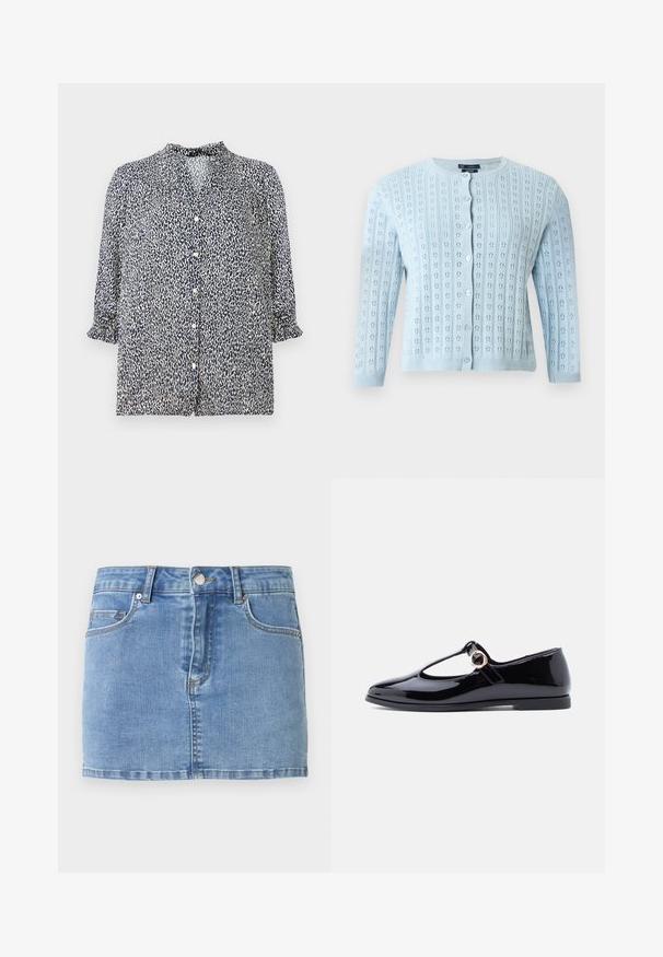 Lyseblå strikket cardigan med lange ærmer, rund halsudskæring, knaplukning foran og lille blomstermønster med åbne hulmønstre.; Marineblå bluse med leopardprint mønster, knaplukning og 3/4 ærmer med flæser. Lavet af letvægtsstof.; Lyseblå denimnederdel med frontknapper, lynlås, bæltestropper og femlommet design på en ensfarvet baggrund.; Sort laklæder Mary Jane-sko med rundet tå, T-rem og gyldent cirkulært hardware-detalje, flad sål og glat skinnende finish.