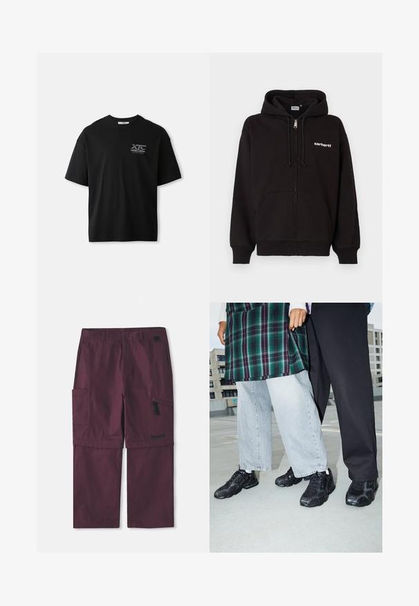 Sort hoodie med lynlås, lavet af bomuldsblanding, med snøre i hætten, kængurulommer, ribbet kant ved ærmerne og hvidt logo på venstre bryst.; Sort kortærmet bomulds T-shirt med rund hals og en hvid logo "XTC VERTERE" på venstre brystområde. Glat tekstur.; Bordeaux cargo konvertible bukser med sidelomme med lynlås og Timberland-logo på højre ben, forlænget skridtlængde vist.; Sorte atletik sko med mesh- og gummidetaljer. Båret med lysegrå vide jeans og en ternet grøn bluse. Flad overflade i baggrunden.