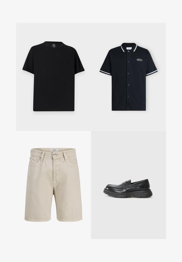 Polo noir à manches courtes avec boutons, rayures blanches sur le col et les manches, et inscription "Lindbergh Beach & Resort Club" sur la poitrine.; T-shirt noir à manches courtes avec col rond et ourlet droit, présenté à plat sur un fond gris clair.; Short en denim beige avec passants de ceinture, bouton devant, fermeture éclair, cinq poches et surpiqûres apparentes, présenté sur fond blanc.; Chaussure noire en cuir à enfiler avec un design mocassin, embout arrondi, semelle en caoutchouc épaisse et subtil détail de couture sur la partie supérieure.