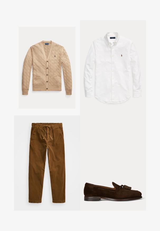 Beiger Grobstrick-Cardigan mit V-Ausschnitt, vorderen Taschen und Knöpfen. Gerippte Bündchen und Saum mit kleinem Logo auf der Brust.; Weißes, langärmliges Hemd mit Knopfleiste und Kragen sowie kleinem, gesticktem Logo auf der linken Brust, flach auf einem einfarbigen Hintergrund liegend.; Braune Cordhosen mit einem elastischen Bund und Zugband, seitlichen Taschen und geraden Beinen mit strukturiertem Rippenmuster.; Dunkelbrauner Wildleder-Herrenschuh mit Quasten und niedrigem, gestapeltem Absatz auf schlichtem hellem Hintergrund.