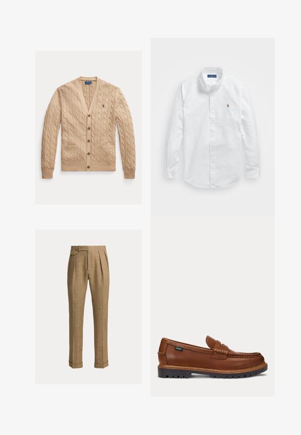 Beiger Grobstrick-Cardigan mit V-Ausschnitt, vorderen Taschen und Knöpfen. Gerippte Bündchen und Saum mit kleinem Logo auf der Brust.; Weißes Baumwollhemd mit Knopfverschluss, klassischem Kragen, langen Ärmeln und einem kleinen gestickten Logo auf der linken Brust.; Braune karierte Hose mit hohem Bund, Falten, Seitentaschen, geknöpftem Seitentab, umgeschlagenen Säumen und maßgeschneiderten geraden Beinen.; Brauner Lederloafer mit aufgenähten Details, robuster schwarzer Sohle und kleinem "Polo"-Etikett an der Seite.