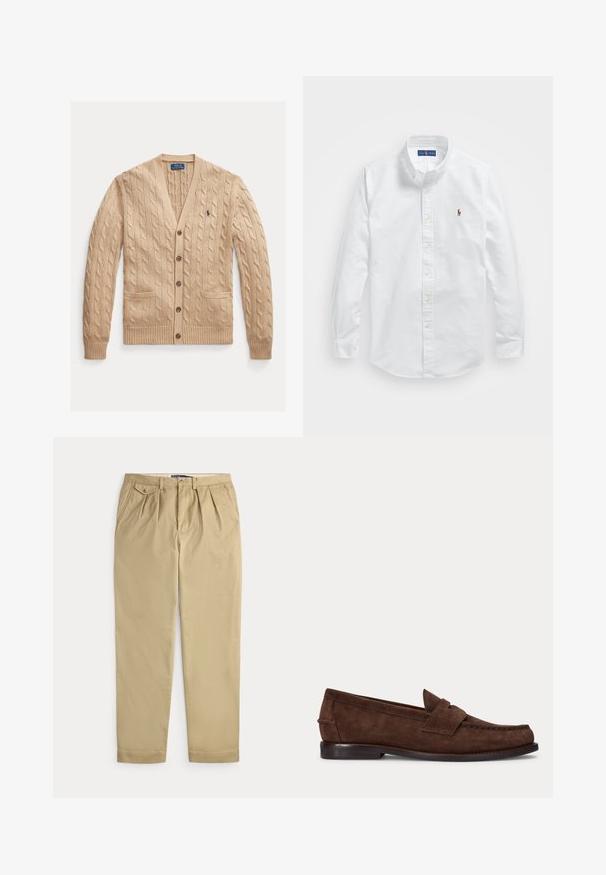 Beige kabelbrei vest, met een V-hals, voorzakken en knopen. Geribde manchetten en zoom met een klein logo op de borst.; Witte katoenen overhemd met knoopsluiting, een klassieke kraag, lange mouwen en een klein geborduurd logo op de linkerkant van de borst.; Beige geplooide broek met zijzakken, een klein knoopsluitbaar muntzakje aan de rechterkant, riemlussen en een voorste knoop- en ritssluiting.; Bruine suède penny loafer met lage hak en zichtbare stiksels langs de neus, zijkant en achterkant, weergegeven op een effen lichte achtergrond.