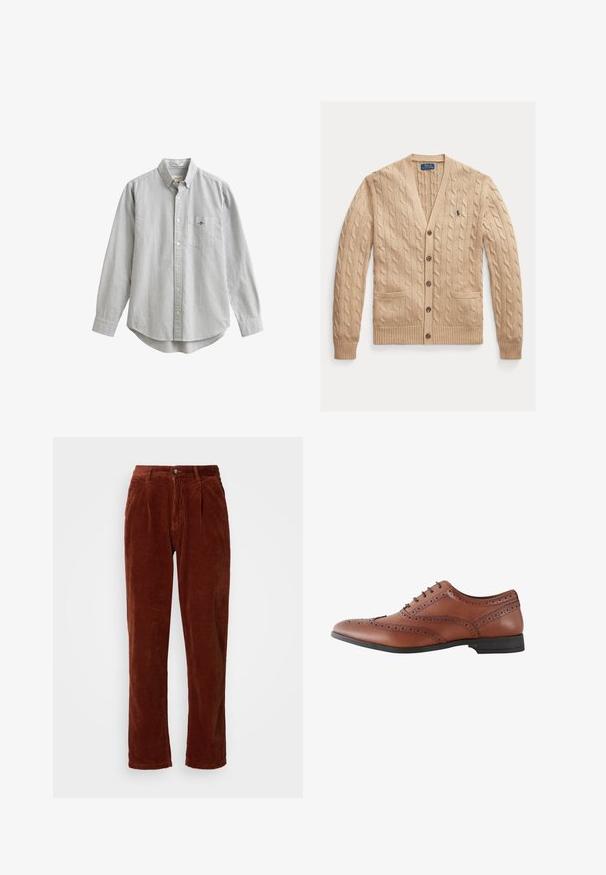 Beige kabelstrikket cardigan med V-hals, forlommer og knapper. Ribbet manchetter og kant med et lille logo på brystet.; Stribet skjorte med knapper og lange ærmer, lavet af bomuld. Har en lomme på venstre bryst og en buet kant. Farver: hvide og mørkeblå striber.; Corduroybukser i en rig brun farve; har en plisseret front, lige ben og en knaplukning ved taljen.; Brun læder herre brogue-sko med dekorative perforeringer og sort sål, vist fra siden.