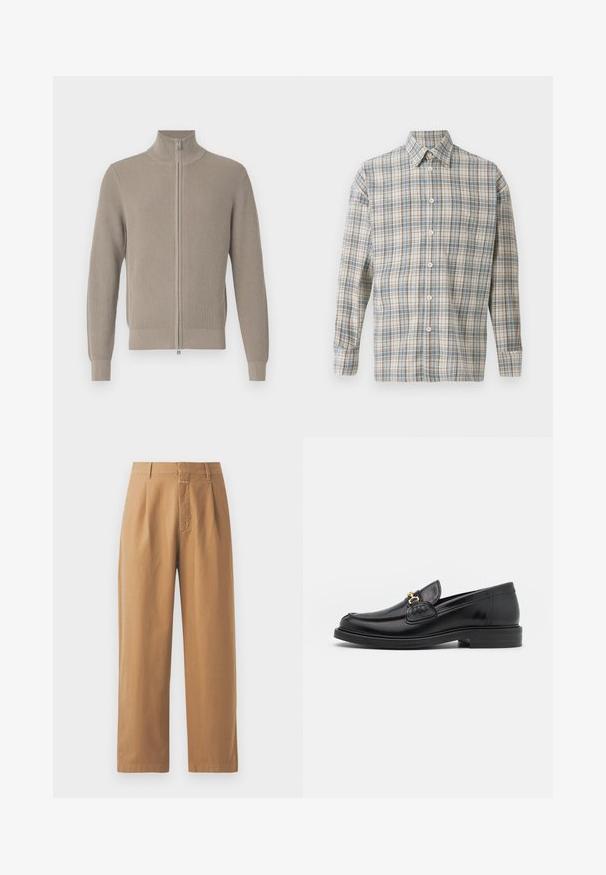 Beige ribstrikket sweater med høj krave og lynlås foran. Har lange ærmer og en struktureret finish, velegnet til lag-på-lag.; Langærmet skjorte med knapper i blå og beige ternet mønster, klassisk krave og en enkelt brystlomme på hvid baggrund.; Brune, brede bukser lavet af glat stof. Har høj talje med folder, bæltestropper og en enkelt frontlomme.; Sorte læder loafers med en rund tå, der har guld hardware accent og syningsdetaljer, placeret på en lav, tekstureret gummisål.