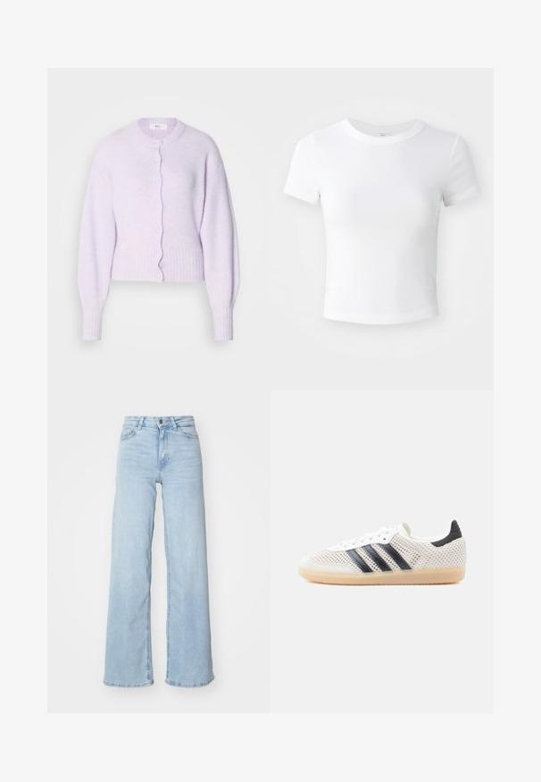 Lichtpaarse, cropped cardigan gemaakt van zacht materiaal. Heeft een ronde halslijn, geribbelde manchetten en een knoopsluiting aan de voorkant met gegolfde randen.; Effen witte cropped t-shirt met korte mouwen en ronde hals, weergegeven op een neutrale lichte achtergrond.; Lichtblauwe wijde jeans van denim. Met een hoge taille, knoopsluiting aan de voorkant en twee zakken. Gladde textuur met subtiele vervaging.; Witte sneakers van mesh met een zwart ontwerp van drie strepen, een ronde neus en een rubberen gumzool. Voorzien van een zachte hielkraag en een vetersluiting.
