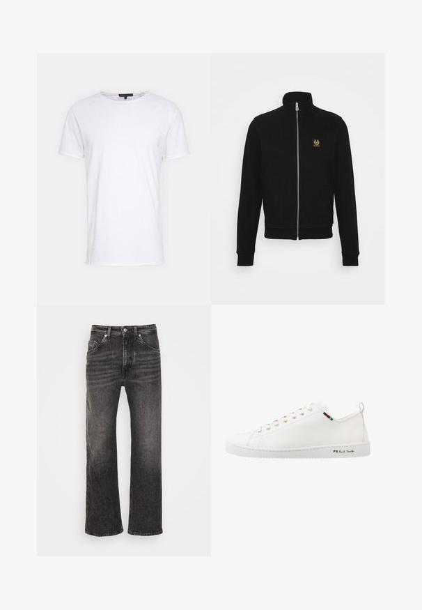 Veste zippée noire en tissu doux avec un col haut, des poignets côtelés et un petit logo doré sur la poitrine gauche.; T-shirt en coton blanc avec un col rond, des manches courtes et une coupe droite. Présente une texture simple et lisse, sans motifs supplémentaires.; DRYKORN WAYDE - Jean boyfriend - black; Sneaker en cuir blanc avec une texture lisse, bout rond et détail de bande de couleur contrastante près des lacets. Dispose d'une semelle en caoutchouc et d'un logo sur le côté.