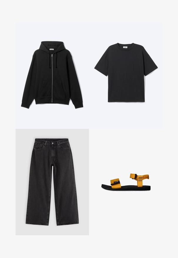 Sudadera negra con cremallera, bolsillos delanteros y capucha con cordón, mostrada sobre un fondo claro.; Camiseta negra de manga corta con cuello redondo, ajuste relajado, vista frontal, diseño sencillo y etiqueta visible de la marca Weekday en el interior del cuello.; Vaqueros negros de pierna ancha con bolsillos delanteros, trabillas para cinturón y cierre de botones, mostrados sobre un fondo liso y claro.; Sandalia de tela amarilla con dos correas ajustables, suela de goma negra, plantilla texturizada y detalle de suela blanca. Vista lateral.
