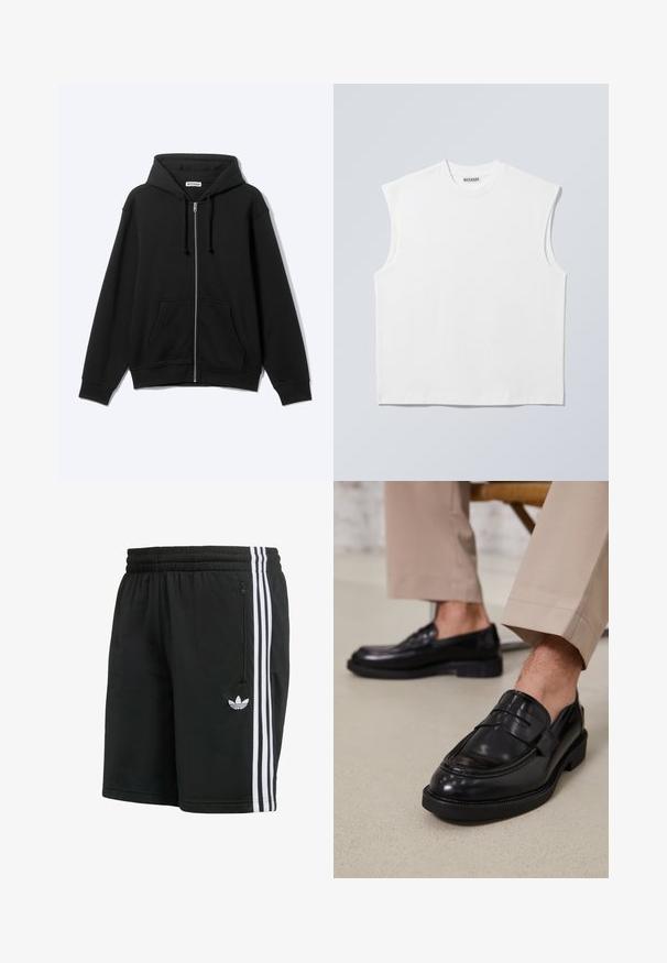 Hanorac negru cu fermoar, buzunare frontale și glugă cu șnur, afișat pe un fundal deschis.; Top alb fără mâneci, din bumbac, cu guler rotund și umeri structurați, cu etichetă de brand "WEEKDAY" pe guler, prezentat pe un fundal gri deschis.; Pantaloni scurți atletici negri, confecționați din țesătură ușoară, cu trei dungi albe pe fiecare parte și un logo brodat lângă tiv.; Loafers negre din piele cu o finisare netedă, având o curea decorativă și cusături contrastante, asortați cu pantaloni bej.
