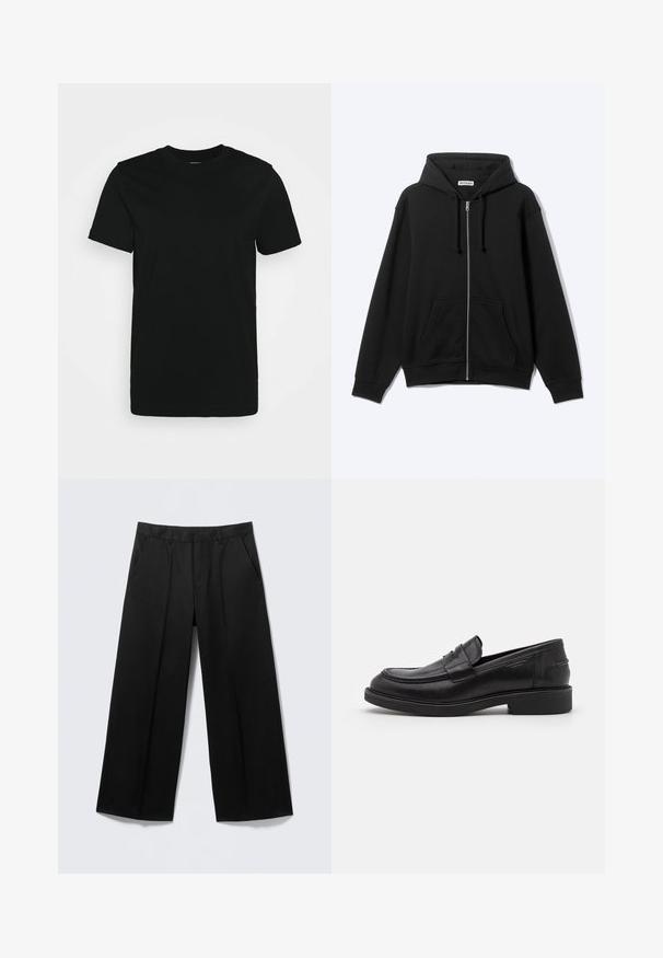 Sweat à capuche zippé noir avec poches avant et cordon de serrage à la capuche, présenté sur un fond clair.; T-shirt noir à manches courtes en coton lisse, avec un col ras du cou et un design simple sans motifs ni accents.; Pantalon large noir avec passants pour ceinture, poches avant et fermeture éclair, présenté sur un fond gris clair.; Mocassins en cuir noir avec un bout arrondi, des coutures ton sur ton et un détail de sangle à l'avant. Semelle en caoutchouc avec un petit talon.