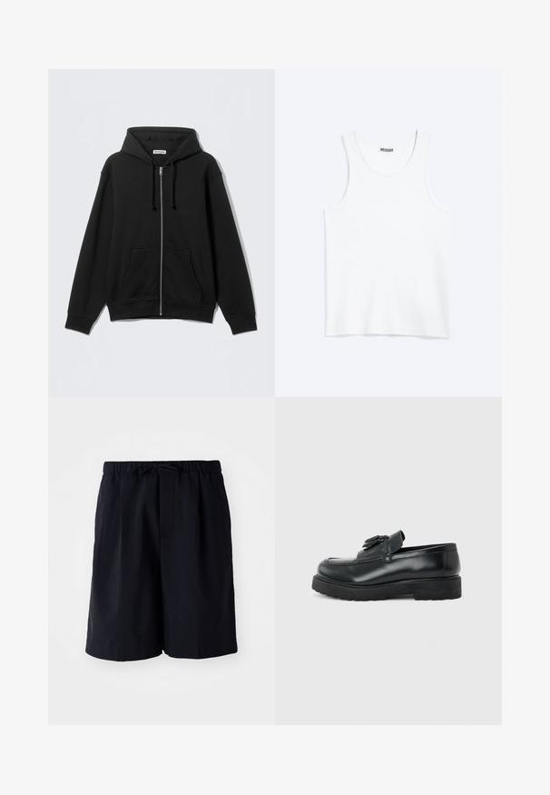 Sweat à capuche zippé noir en tissu doux, avec une capuche, des cordons de serrage, des poches avant et des poignets et ourlet côtelés. Design simple sans motifs.; Débardeur blanc sans manches avec col rond et étiquette de la marque Weekday à l'intérieur du col arrière, présenté à plat sur un fond clair.; Shorts bleu marine en tissu léger, dotés d'une taille élastique avec cordon de serrage et de deux poches latérales, coupe droite.; Mocassin en cuir noir avec pampilles, semelle épaisse en caoutchouc et talon bas, présenté de profil sur un fond uni.