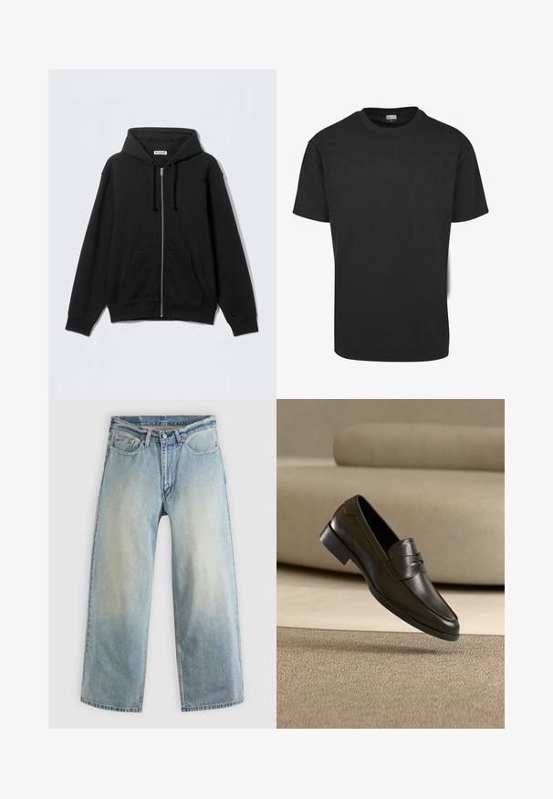 Sweat à capuche zippé noir en tissu doux, avec une capuche, des cordons de serrage, des poches avant et des poignets et ourlet côtelés. Design simple sans motifs.; T-shirt en coton noir à manches courtes, col rond et coupe standard. Le tissu semble lisse et sans décoration.; Jean denim bleu clair à jambes larges avec une finition délavée. Comprend un design standard à cinq poches et une fermeture à bouton métallique.; Mocassin en cuir noir flottant au-dessus d'un tapis beige avec un canapé beige en arrière-plan, mettant en valeur le design classique pour hommes sans lacets.