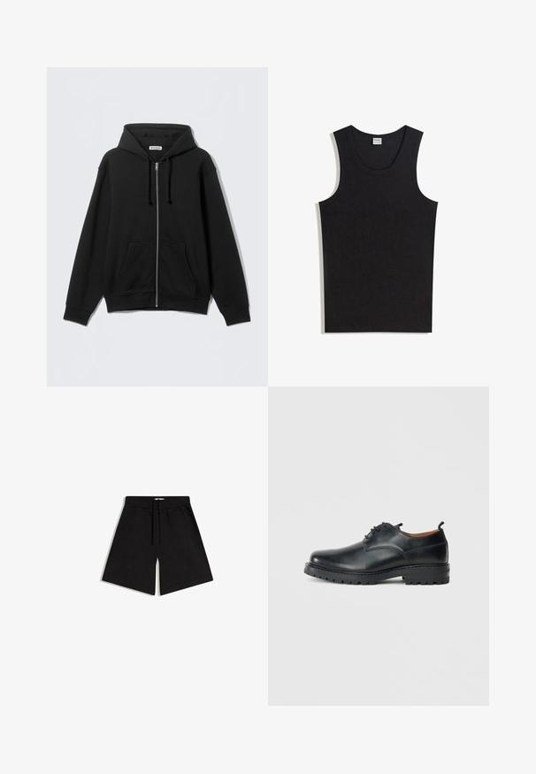 Sweat à capuche zippé noir en tissu doux, avec une capuche, des cordons de serrage, des poches avant et des poignets et ourlet côtelés. Design simple sans motifs.; Débardeur noir en coton, doté d'un col rond et d'une coupe sans manches. Texture lisse sans motifs ni accents visibles.; Shorts noirs longueur genou avec ceinture élastique et cordon de serrage, conçus pour un usage décontracté.; Chaussures derby en cuir noir avec une texture lisse, bout rond, design à lacets et une semelle en caoutchouc épaisse et robuste.