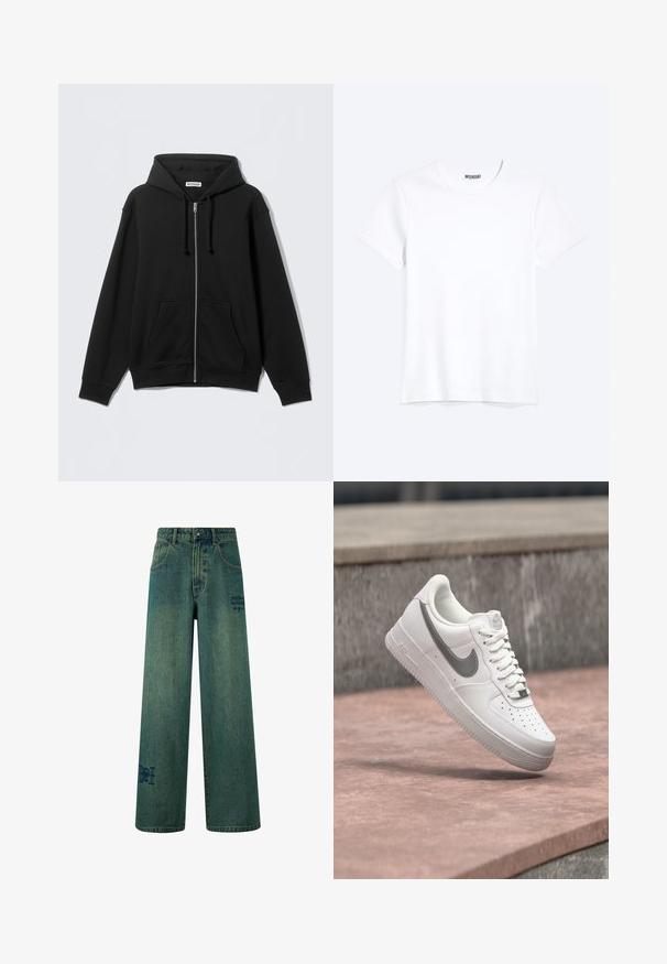 Sweat à capuche zippé noir en tissu doux, avec une capuche, des cordons de serrage, des poches avant et des poignets et ourlet côtelés. Design simple sans motifs.; T-shirt blanc uni à manches courtes et col rond avec une étiquette de la marque WEEKDAY visible au niveau du col, présenté sur un fond clair.; Jeans à jambe large en denim bleu foncé avec une légère texture décolorée. Comprend des poches arrière et un détail logo décoratif.; Baskets blanches Nike Air Force 1 avec logo swoosh gris flottant au-dessus d'une surface en pierre et un mur en pierre gris en arrière-plan.