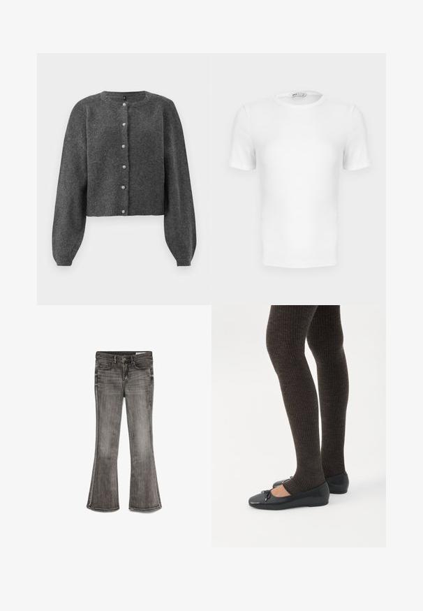 Gilet cropped gris foncé en matière tricot douce. Comprend un col rond et une fermeture à boutons avec des boutons ressemblant à des perles. Manches longues et bouffantes.; T-shirt blanc à manches courtes, côtelé, col rond avec une coupe ajustée et une petite étiquette de marque à l'intérieur du col.; Jean évasé en denim noir délavé avec une légère brillance. Dispose de cinq poches et de coutures contrastantes le long des bords.; Jambes portant des leggings côtelés foncés associés à des ballerines noires avec de petits détails en nœud sur fond blanc.