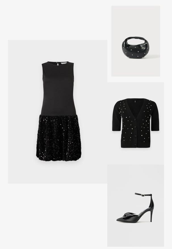 Cárdigan negro de mangas cortas, con cuello en V y botones en el frente, adornado con perlas y rhinestones para un detalle adicional. Textura suave.; Vestido negro sin mangas con parte superior ajustada y falda corta cubierta de brillantes lentejuelas negras sobre un fondo blanco liso.; Zapato de tacón alto negro con puntera puntiaguda, adorno de lazo de satén y correa ajustable en el tobillo con herrajes plateados. Textura de cuero suave.; Bolso de mano de cuero negro con forma redondeada, decorado con detalles de tachuelas plateadas y un asa corta. Textura lisa y cierre con cremallera.