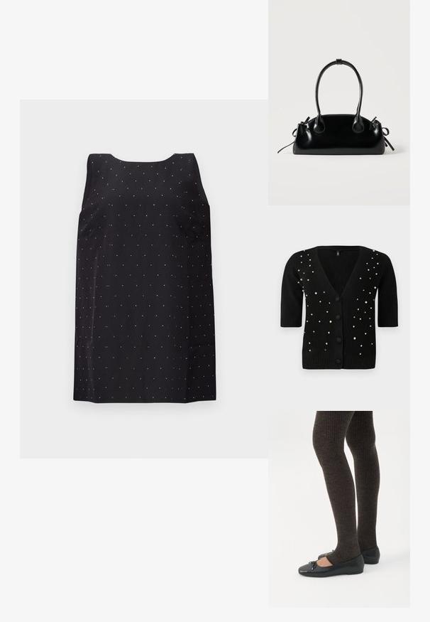 Cárdigan negro de mangas cortas, con cuello en V y botones en el frente, adornado con perlas y rhinestones para un detalle adicional. Textura suave.; Vestido negro sin mangas con un escote redondo, que presenta un patrón disperso de pequeños puntos plateados brillantes en toda la tela.; Piernas con leggings oscuros acanalados combinados con bailarinas negras que presentan pequeños detalles de lazo sobre un fondo blanco.; Pequeño bolso negro brillante con dos asas largas y detalles de cordón lateral sobre un fondo claro liso.