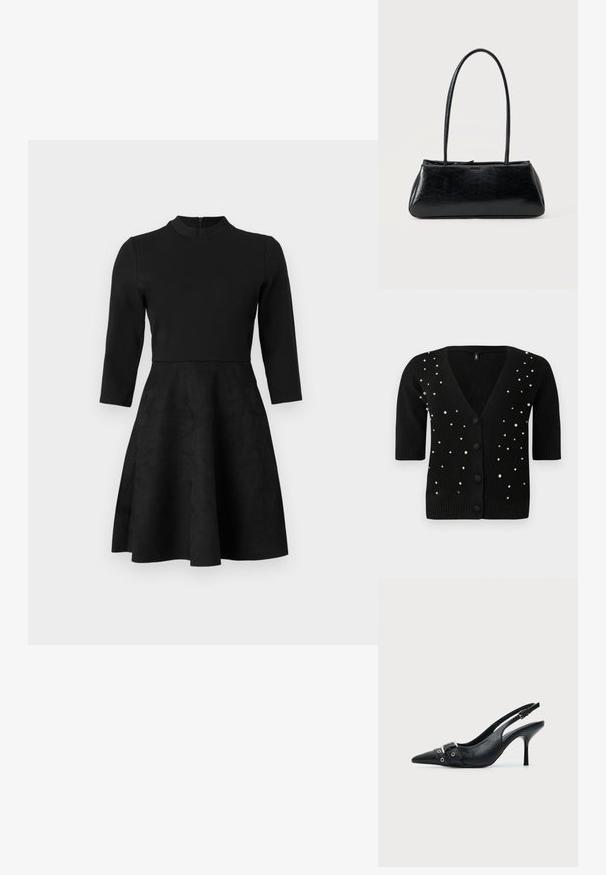 Cárdigan negro de mangas cortas, con cuello en V y botones en el frente, adornado con perlas y rhinestones para un detalle adicional. Textura suave.; Vestido negro con un cuerpo ajustado y falda acampanada. Mangas largas y escote redondo. Hecho de tela suave con una textura sutil. Cierre de cremallera en la parte posterior.; Zapato de tacón alto tipo slingback de piel negra con puntera puntiaguda, con hebilla y detalle de tira con ojetes en la parte delantera.; Bolso de hombro rectangular negro con correas largas y delgadas y una textura lisa y brillante sobre un fondo liso.