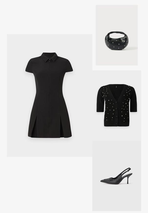 Cárdigan negro de mangas cortas, con cuello en V y botones en el frente, adornado con perlas y rhinestones para un detalle adicional. Textura suave.; Vestido negro de manga corta con cuello, que incluye una cremallera frontal y dos aberturas frontales. Confeccionado en una tela suave y elástica.; Sandal de tacón stiletto negro de cuero con punta afilada, correa lateral con hebilla, tachuelas a lo largo del borde y cordones decorativos en la parte delantera.; Bolso de mano de cuero negro con forma redondeada, decorado con detalles de tachuelas plateadas y un asa corta. Textura lisa y cierre con cremallera.