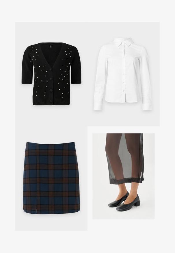 Cárdigan negro de mangas cortas, con cuello en V y botones en el frente, adornado con perlas y rhinestones para un detalle adicional. Textura suave.; Camisa blanca de manga larga con botones, cuello puntiagudo, bajo recto y silueta ajustada, presentada sobre un fondo claro y liso.; Falda mini a cuadros azul marino con líneas marrones y grises, fabricada en una tela suave, con una sutil abertura en la parte trasera para mayor comodidad al moverse.; Zapatos negros de tacón ancho con acabado de cuero liso, combinados con una falda negra translúcida que tiene un dobladillo limpio y un diseño minimalista.