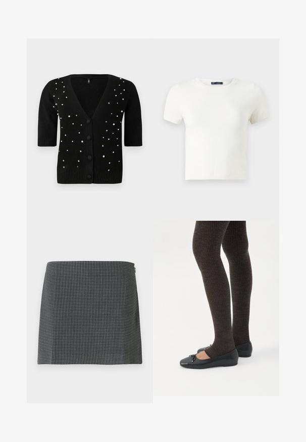 Cárdigan negro de mangas cortas, con cuello en V y botones en el frente, adornado con perlas y rhinestones para un detalle adicional. Textura suave.; Camiseta blanca de manga corta fabricada con un material suave. Presenta un clásico diseño de cuello redondo y un ajuste slim, sin patrones ni acentos visibles.; Falda de cuadros en blanco y negro, fabricada con un tejido de textura suave. Presenta una silueta recta y cierre lateral con cremallera.; Piernas con leggings oscuros acanalados combinados con bailarinas negras que presentan pequeños detalles de lazo sobre un fondo blanco.