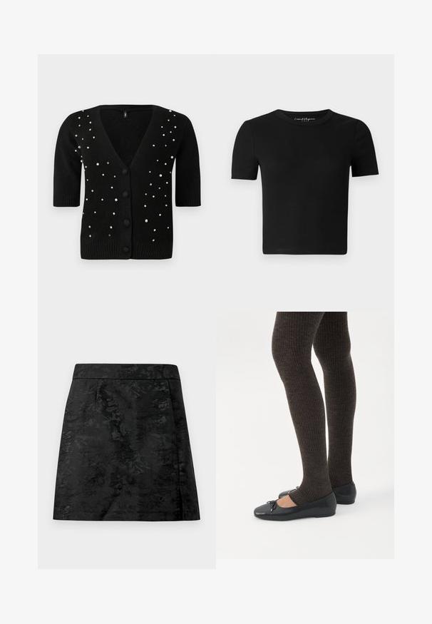 Cárdigan negro de mangas cortas, con cuello en V y botones en el frente, adornado con perlas y rhinestones para un detalle adicional. Textura suave.; Camiseta ajustada negra con mangas cortas, textura acanalada y cuello redondo. Diseño simple, sin logotipos visibles ni adornos.; Falda negra con un estampado floral, textura suave y corte ajustado. Presenta una cinturilla y un corte recto con un ligero acampanado.; Piernas con leggings oscuros acanalados combinados con bailarinas negras que presentan pequeños detalles de lazo sobre un fondo blanco.
