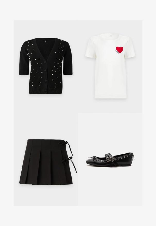 Cárdigan negro de mangas cortas, con cuello en V y botones en el frente, adornado con perlas y rhinestones para un detalle adicional. Textura suave.; Camiseta blanca de manga corta con un corazón rojo y la palabra "AMOUR" impresa en el área del pecho izquierdo.; Falda plisada negra con lazos laterales, hecha de una tela de textura suave; presenta un diseño estructurado y líneas limpias.; Zapato de ballet plano negro con correas de doble hebilla, ojales plateados y un pequeño lazo cerca de la puntera redondeada sobre un fondo blanco.