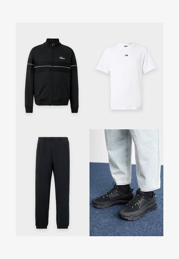 Chaqueta negra con cremallera en una tela suave, con franjas horizontales blancas y un logo en el pecho. Diseño deportivo clásico con cuello alto.; Camiseta blanca de manga corta y cuello redondo con un pequeño logo negro de The North Face centrado cerca del cuello en la parte delantera.; Pantalones de chándal negros con una cinturilla elástica y tobillos ajustados; hechos de una tela suave y elástica, con un diseño minimalista sin patrones.; Zapatillas deportivas negras con tejido texturizado y suelas de goma, con cordones elásticos y un acento azul en el talón. Combinadas con pantalones de mezclilla claros.