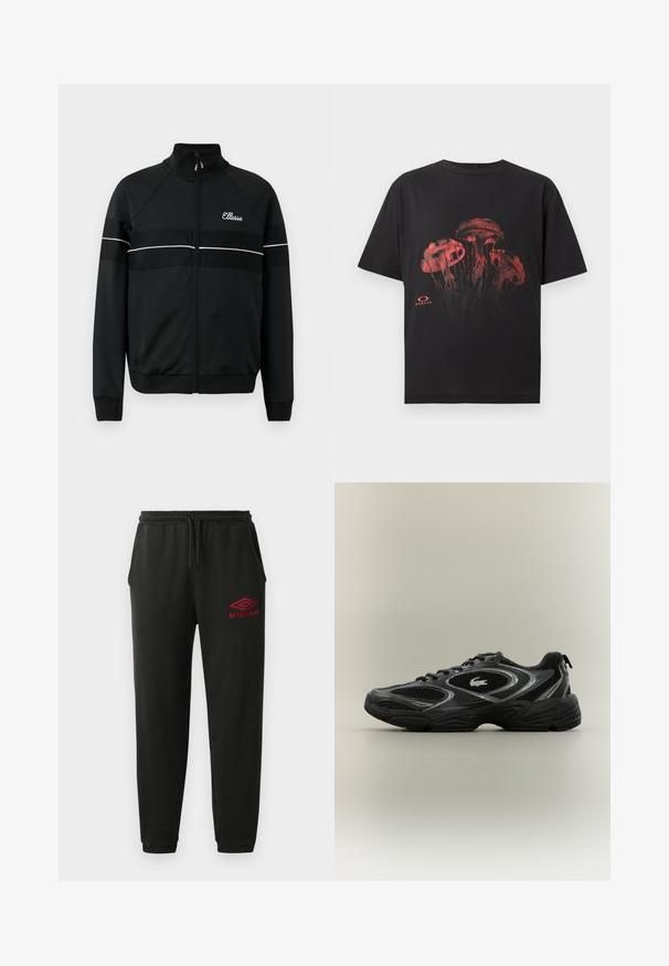 Schwarze Zip-up-Jacke aus glattem Stoff mit weißen horizontalen Streifen und einem Logo auf der Brust. Klassisches sportliches Design mit hochgeschlossenem Kragen.; Schwarzes Kurzarm-T-Shirt mit rotem Quallengrafik auf der Vorderseite und kleinem Oakley-Logo unter dem Design.; Schwarze Jogginghose mit elastischem Bund und Bündchen, Seitentaschen und rotem Umbro-Logo am linken Oberschenkel.; Schwarzer und grauer Sportschuh mit Netzpaneelen, Schnürdesign, dicker Sohle und einem kleinen Krokodil-Logo an der Seite.