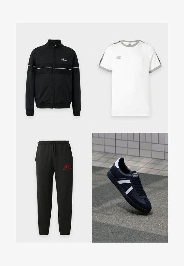 Schwarze Zip-up-Jacke aus glattem Stoff mit weißen horizontalen Streifen und einem Logo auf der Brust. Klassisches sportliches Design mit hochgeschlossenem Kragen.; Weißes Kurzarm-T-Shirt mit grauem Kragen und Bündchen, schwarzen und grauen Streifen an den Ärmeln sowie Umbro-Logo auf der Brust.; Schwarze Jogginghose mit elastischem Bund und Bündchen, Seitentaschen und rotem Umbro-Logo am linken Oberschenkel.; Schwarze Leder-Sneaker mit weißen Streifen, strukturiertem Gummisohle und Schnürung. Verfügt über ein Markenetikett auf der Zunge.